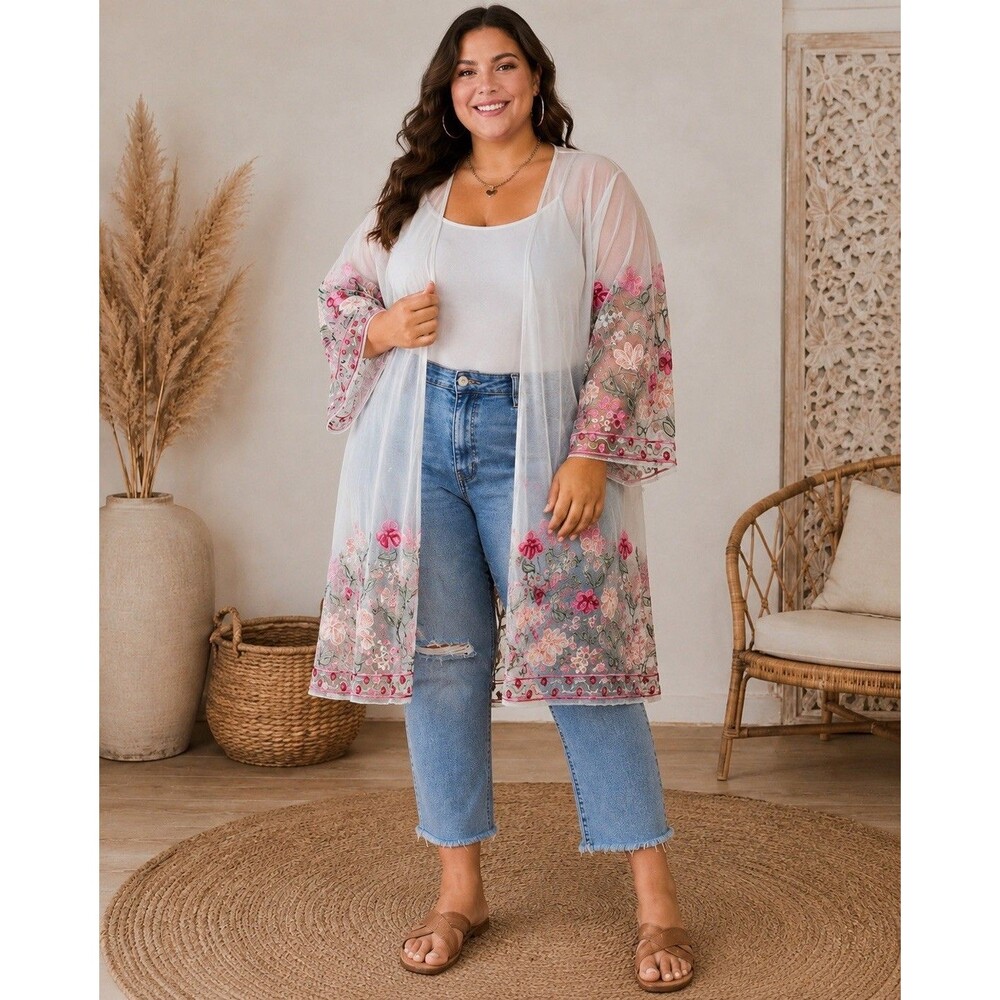 Boho Whimsy Sheer Floral Embroidered Kimono Cardigan Mesh Forest Fairy Romantic